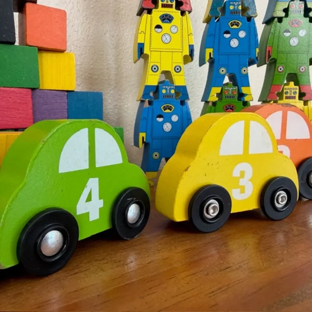 Set of Wooden Building Blocks, stacking of 9 Robots and 6 Cars